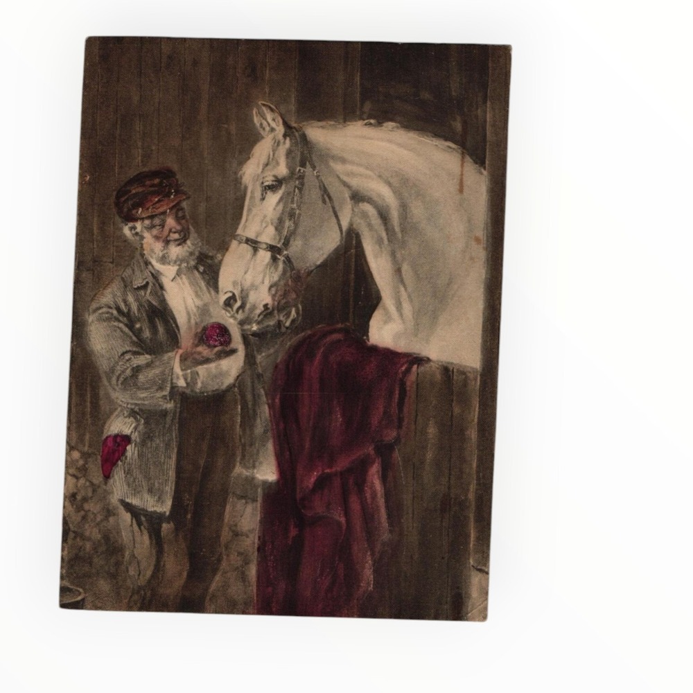 Man Feeding‎ Horse Equestrian Print Art Embossed Hand Colored Victorian